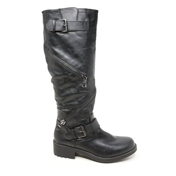 Mossimo Supply Co. Black Vegan Faux Leather Moto Biker Boots  Knee High Zippers - Picture 2 of 15